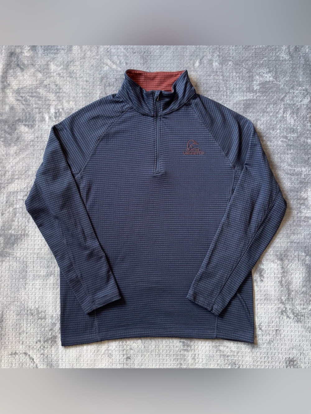 Ducks Unlimited Mens L Quarter Zip Pullover Navy/Brown Waffle Grid Hunting
